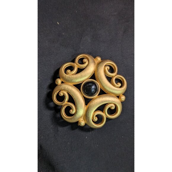 Anne Klein Vintage Gold-Tone Swirl Brooch With Black Stone In Center Circular Pi - Picture 3 of 6
